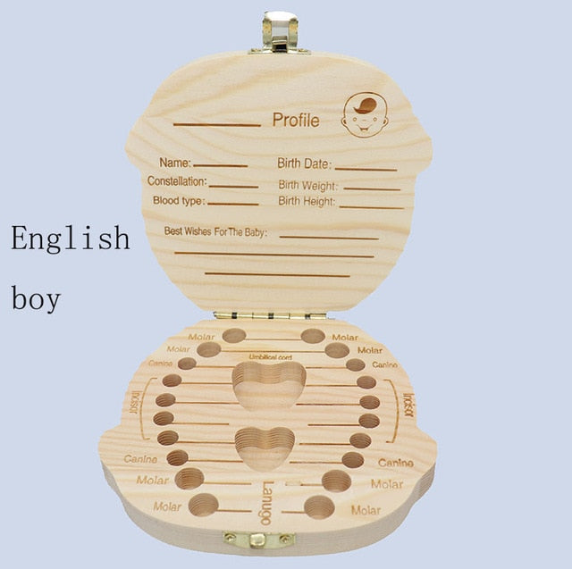 Girls and Boys Babies Multi Language Wooden Deciduous Baby Teeth Box 12.5*11.5cm Baby Teeth Collection Box Baby Souvenirs