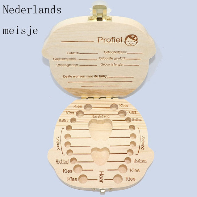 Girls and Boys Babies Multi Language Wooden Deciduous Baby Teeth Box 12.5*11.5cm Baby Teeth Collection Box Baby Souvenirs