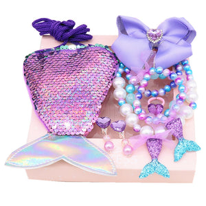 Mermaid Accessories Jewelry Set Sequins Purse Necklace Bracelet Bow Hair Clip Shell Earring Gift for Elsa Ariel Princess Girls