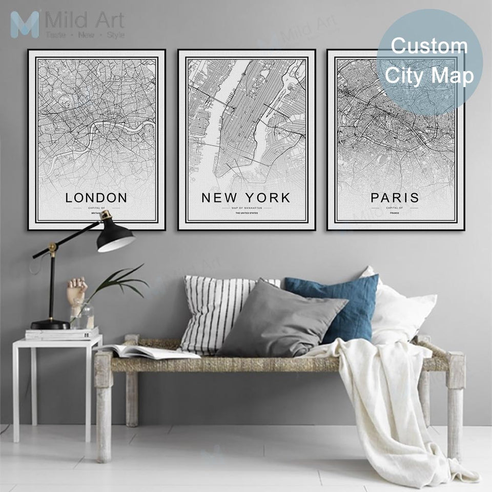 Black White Custom World City Map Paris London New York Posters Nordic Living Room Wall Art Pictures Home Decor Canvas Paintings